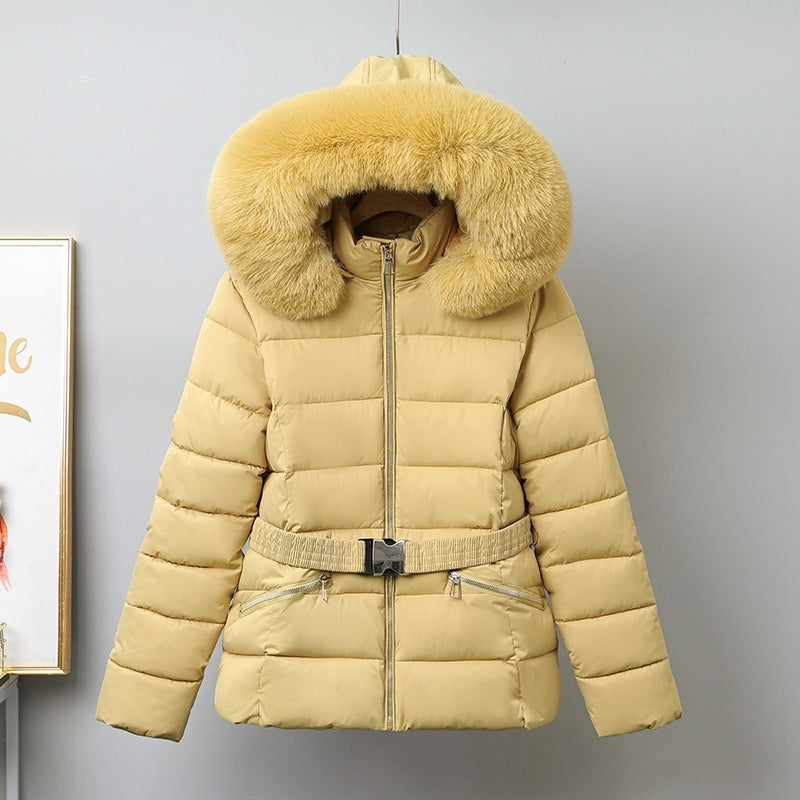 Women’s Puffer Coat – Quilted Insulated – Belted Fit – Removable Fur-Trimmed Hood