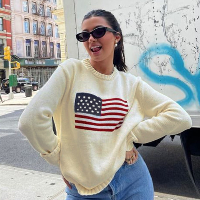 Women’s Knitted Sweatshirt – Relaxed Fit – Ribbed Crew Neck – Graphic Flag Print