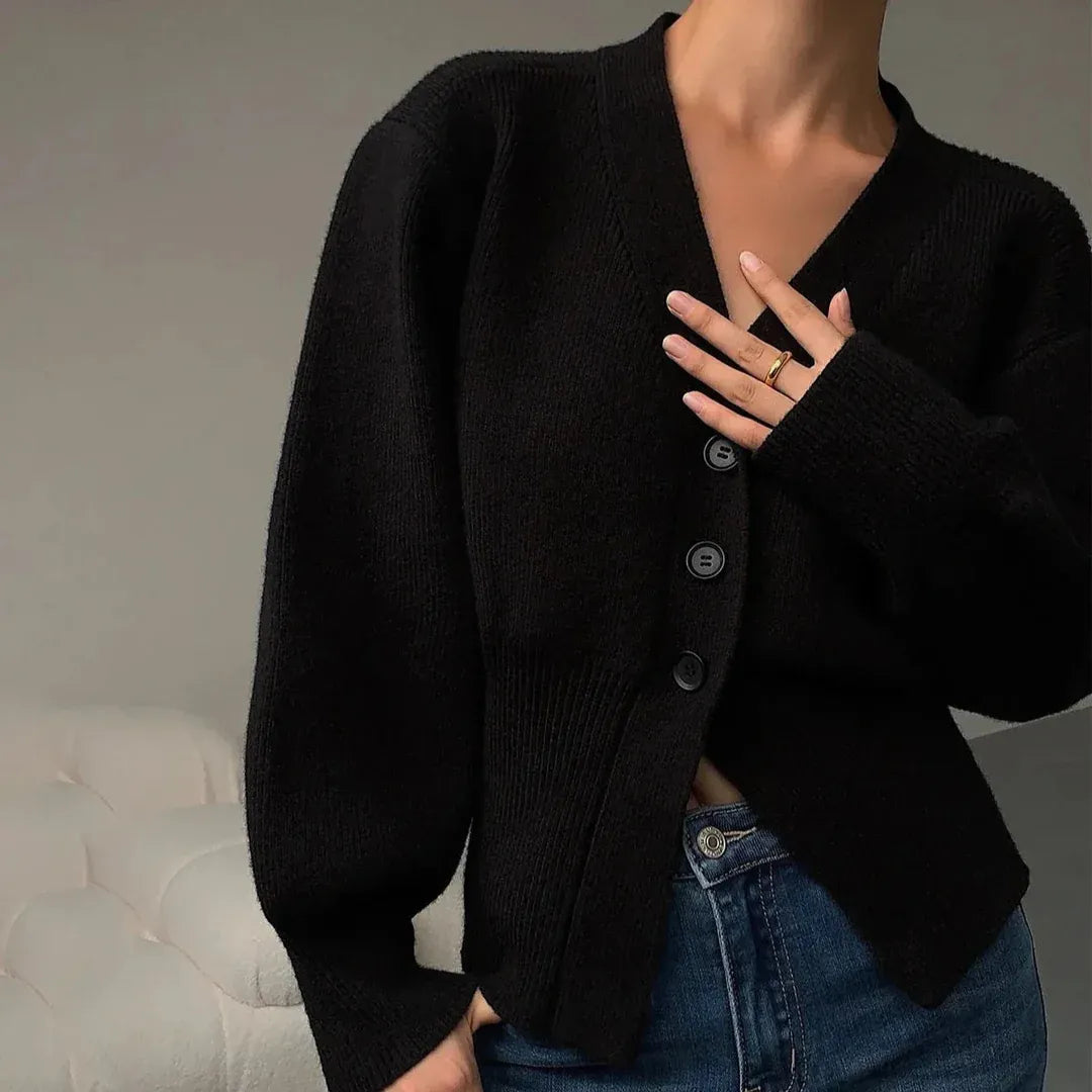 Women’s V-neck Cardigan – Ribbed Knit – Loose Fit – Waist Cinch – 3/4 Sleeve Buttons