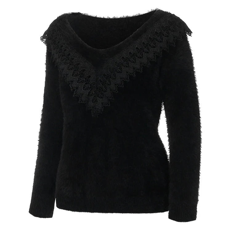 Women’s Pullover – Slim Fit – Fuzzy Knit – Lace V-Neck – Long Sleeve Casual Wear