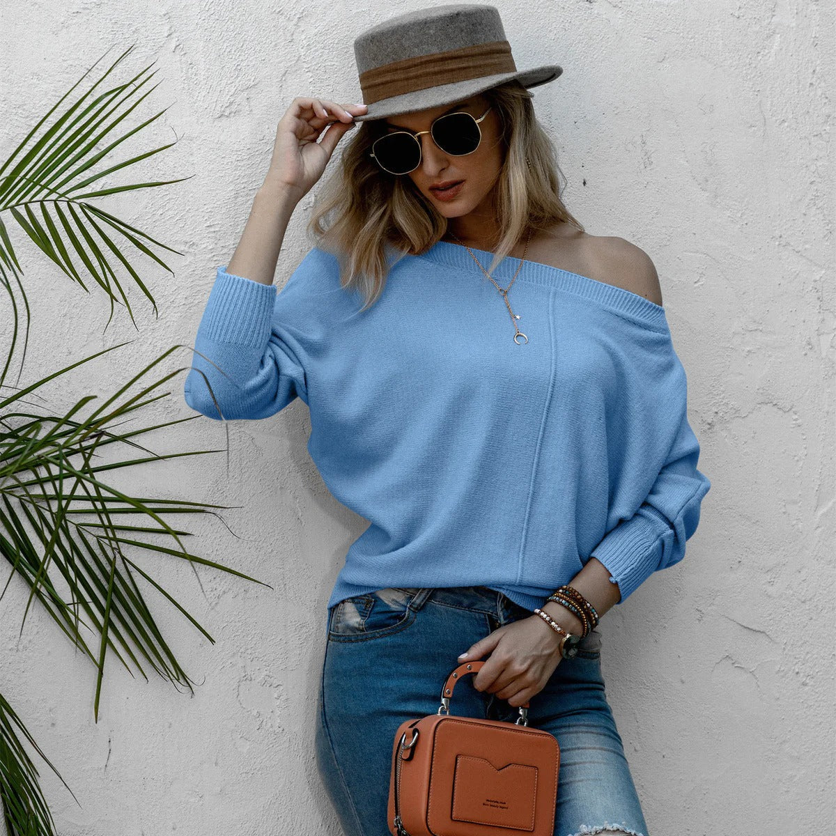 Women’s Pullover Sweater – Oversized Fit – Off-Shoulder – Soft Wool Blend – Wide Sleeve