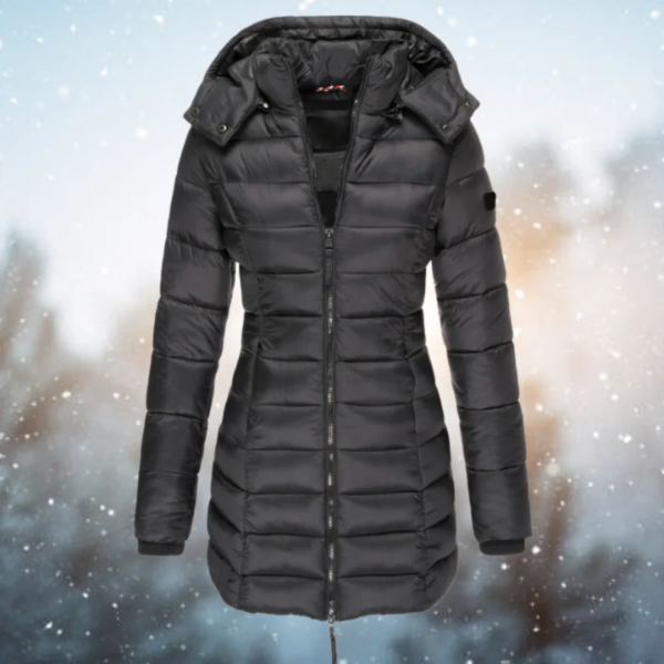 Women’s Long Puffer Jacket – Fitted Quilted Design – Water-Resistant – Detachable Hood