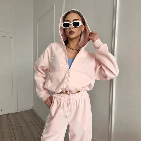 Women’s Two-Piece Set – Oversized Fit – Zipper Hoodie and Pants – Cotton Blend – Contrast Seams