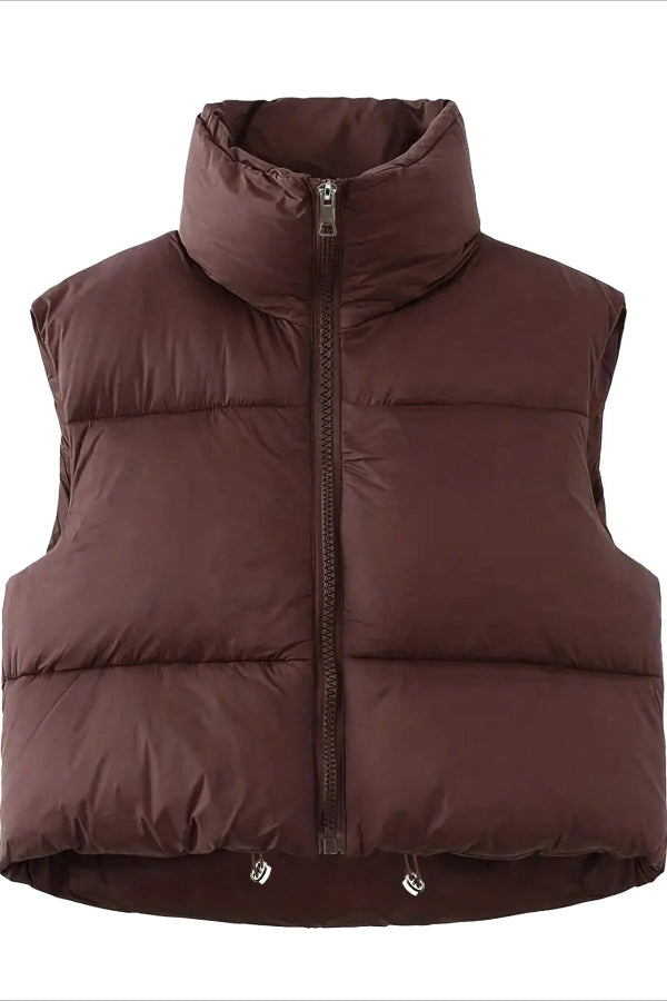 Women’s Puffer Vest – Oversized Fit – Quilted – High Collar – Zipper – Cropped Length