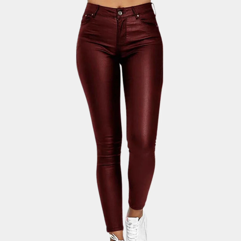 Women’s Slim Fit Pants – Leather-Like Finish – Full Length – Five Pocket Style