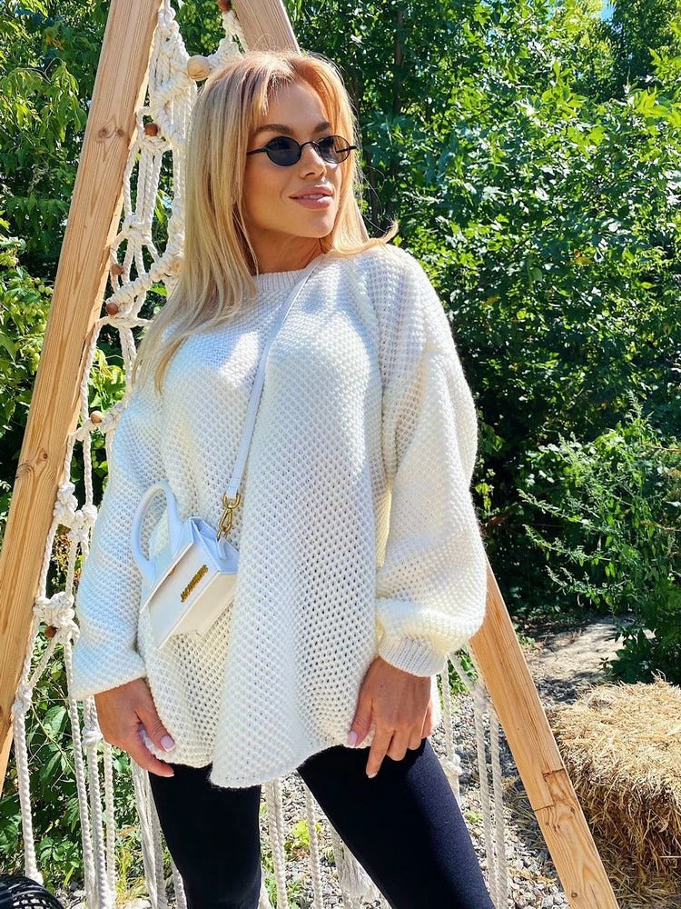 Women’s Pullover Sweater – Oversized Fit – Chunky Knit Wool – Crew Neck – Ribbed Trim