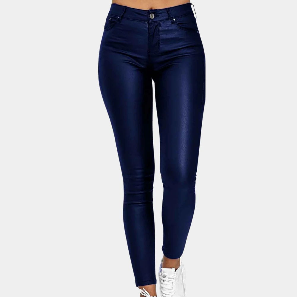 Women’s Slim Fit Pants – Leather-Like Finish – Full Length – Five Pocket Style