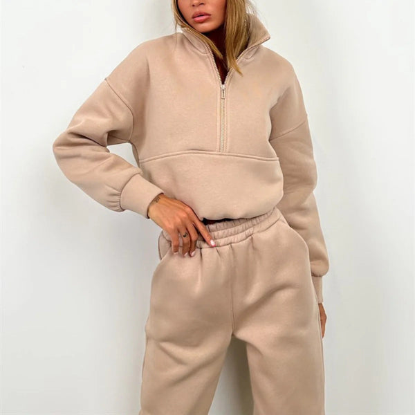 Women’s Two-Piece Sweat Set – Relaxed Fit – High Collar Half Zip Top – Elastic Waist Pants – Cotton Blend