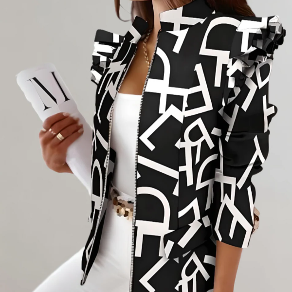 Women’s Jacket – Tailored Fit – Plaid Pattern – Ruffle Shoulder – Stand Collar – Hip Length