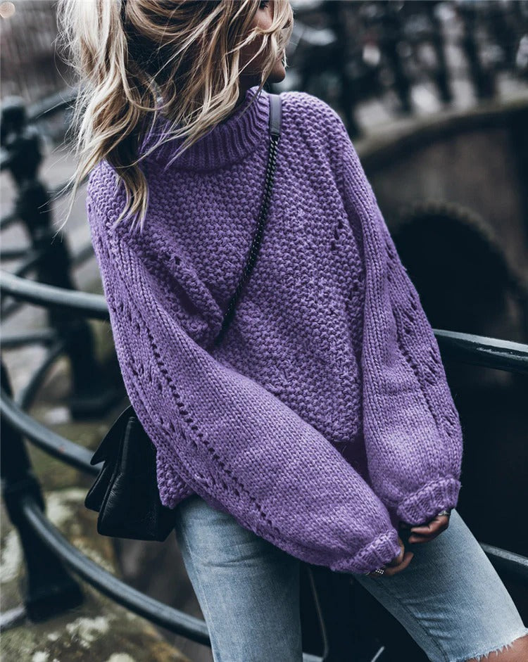 Women’s Pullover Sweater – Chunky Knit – Oversized Fit – Turtleneck Eyelet Detail