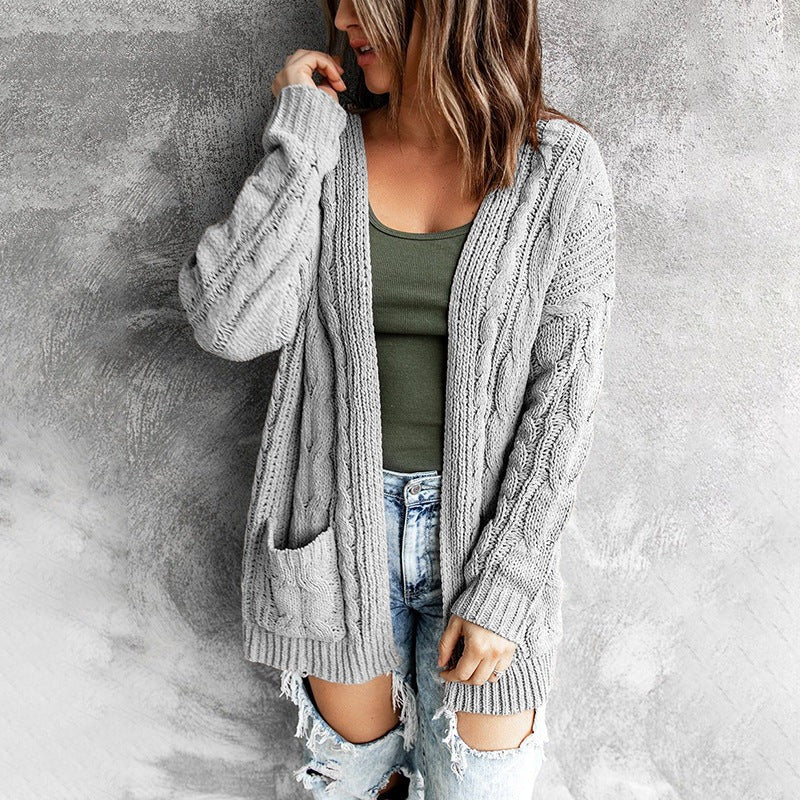 Women’s Knitted Cardigan – Relaxed Fit – Cable Knit – Open Front – Front Pockets