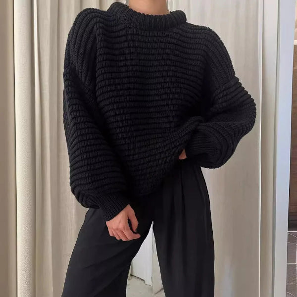 Women’s Knit Sweatshirt – Oversized Fit – High Collar – Ribbed Wool Blend – Long Sleeve