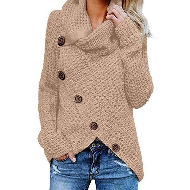 Women’s Sweatshirts – Relaxed Fit – Waffle Knit – Cowl Neck – Asymmetric Button Closure