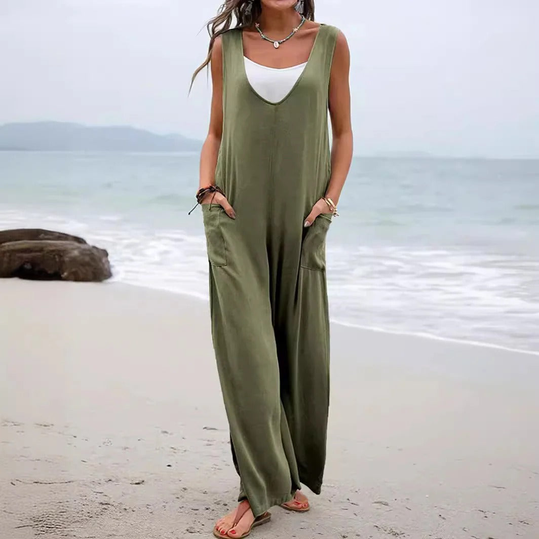 Women’s Jumpsuit – Relaxed Fit – Wide Leg – Sleeveless V-Neck – Cotton Blend