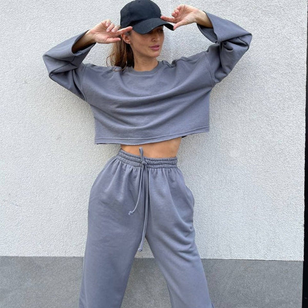 Women’s Top and Pants Set – Relaxed Fit – Cropped Crew Neck Top – Drawstring Waist