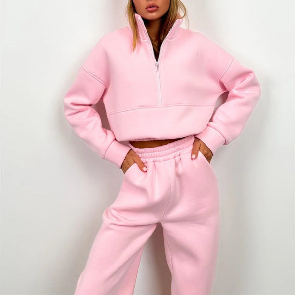 Women’s Two-Piece Sweat Set – Relaxed Fit – High Collar Half Zip Top – Elastic Waist Pants – Cotton Blend