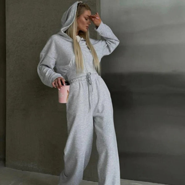 Women’s Two-Piece Lounge Set – Oversized Hoodie Zip Sweatshirt – Wide-Leg Pants – Cotton Blend