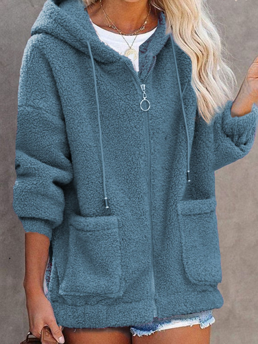 Women’s Hooded Jacket – Sherpa Feel – Oversized Fit – Zip Front – Pockets – Casual Style