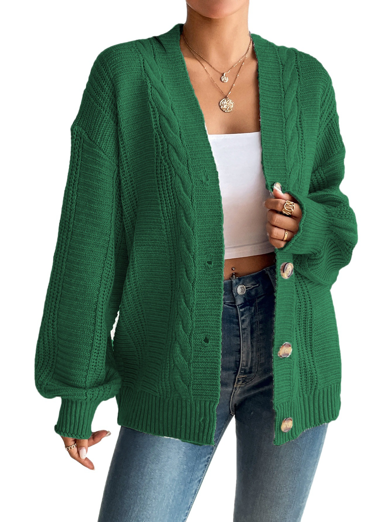 Women’s Cardigan Jacket – Wool Knit – Oversized Fit – Cable Pattern – Button Front