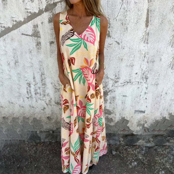 Women’s Maxi Dress – Relaxed Fit – Sleeveless V-Neck – Leaf Print – Cotton Fabric