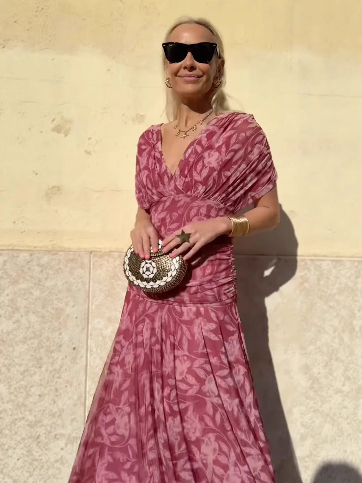 Women’s V-Neck Maxi Dress – Off-Shoulder – Floral Print – Flowing Lightweight