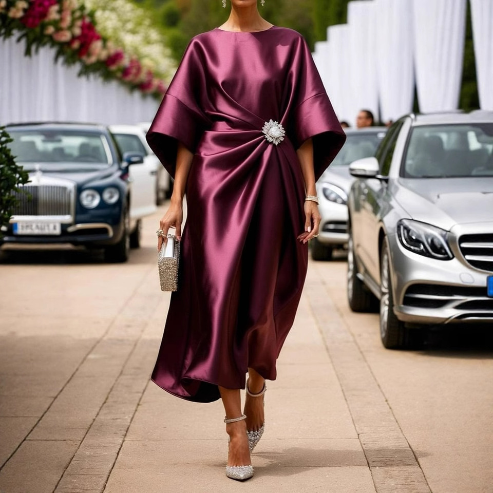 Women’s Midi Dress – Relaxed Fit – Silk Feel – Draped Waist – Brooch Accent – Formal Wear