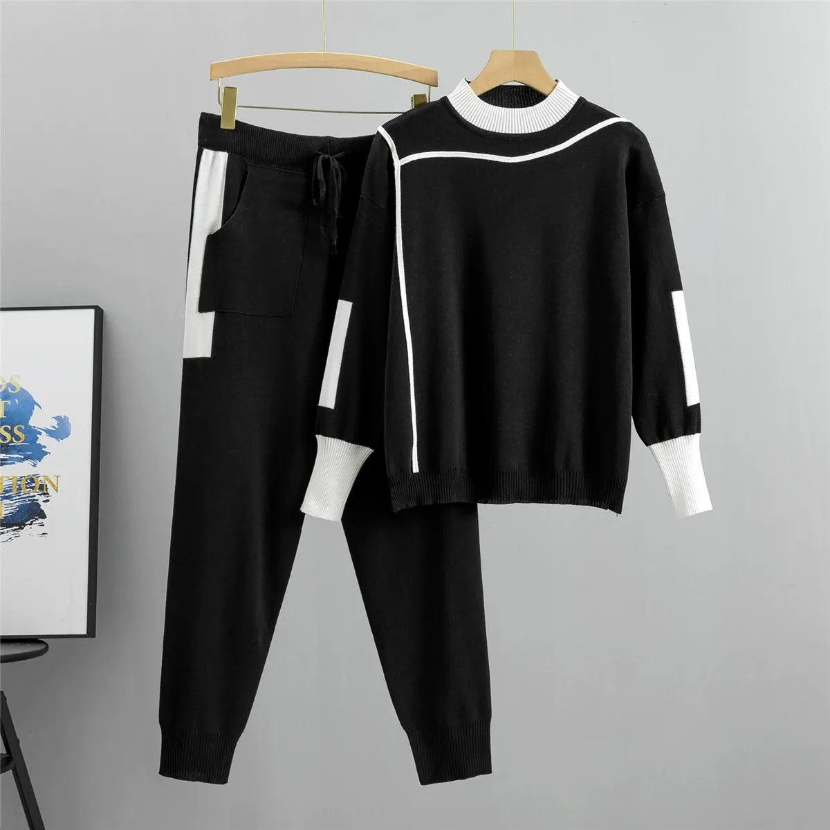 Women’s Knitted Two-Piece Set – Relaxed Fit – Mock Neck Top – Drawstring Pants – Ribbed Hems