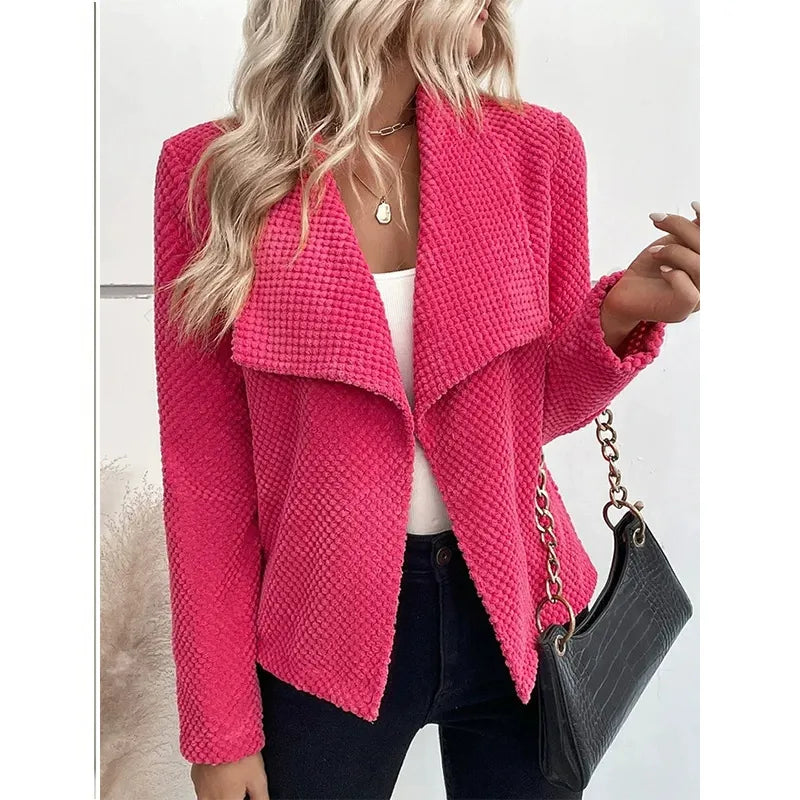 Women’s Blazer Jacket – Textured Knit – Relaxed Fit – Wide Lapel – Long Sleeve – Hip Length