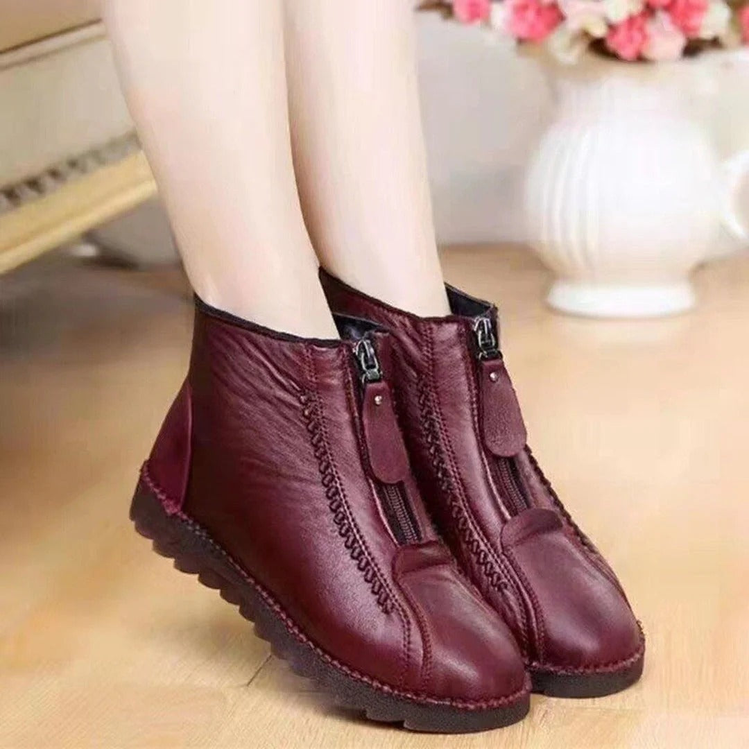Women’s Ankle Boots – Leather Look – Front Zipper – Chunky Sole – Casual Fit