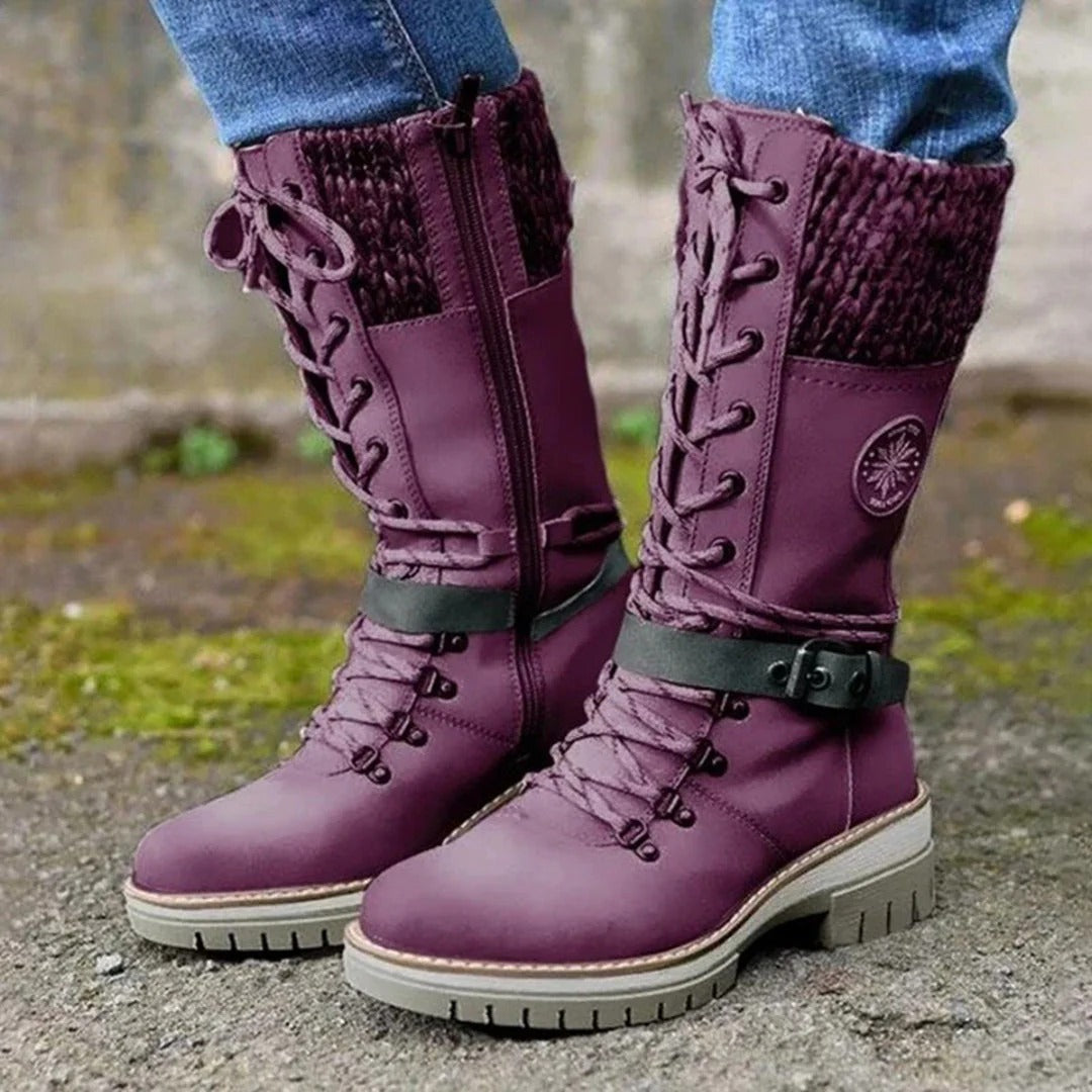 Women’s Knee-High Boots – Lace-Up – Wool Knit Cuff – Side Zipper – Buckle Strap