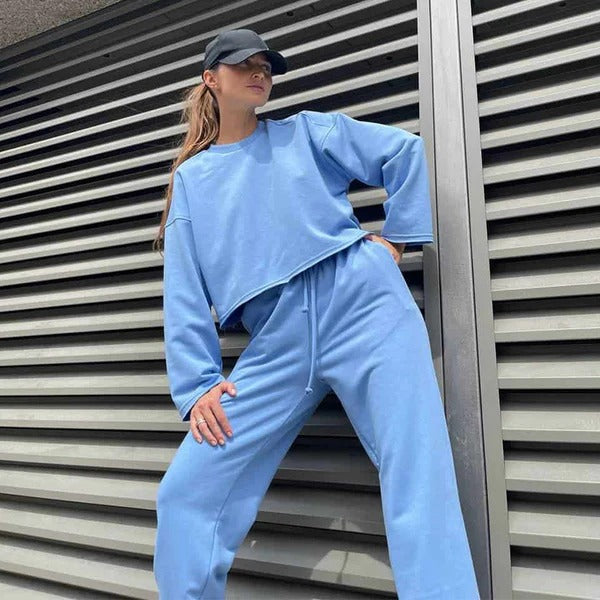 Women’s Top and Pants Set – Relaxed Fit – Cropped Crew Neck Top – Drawstring Waist