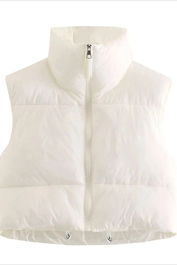 Women’s Puffer Vest – Oversized Fit – Quilted – High Collar – Zipper – Cropped Length