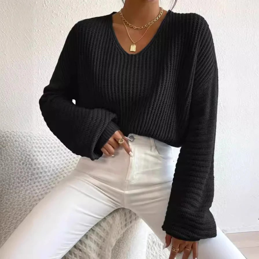 Women’s Sweater – Relaxed Fit – Ribbed Knit – Wide V-Neck – Long Sleeve Casual Wear