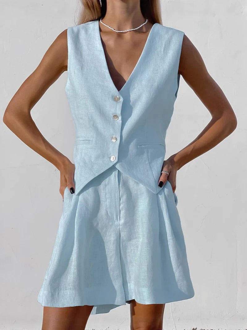 Women’s Sleeveless Blazer – Linnen – Relaxed Fit – Tailored V-Neck – Button Front