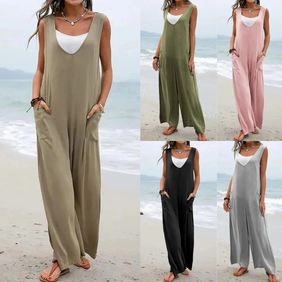 Women’s Jumpsuit – Relaxed Fit – Wide Leg – Sleeveless V-Neck – Cotton Blend