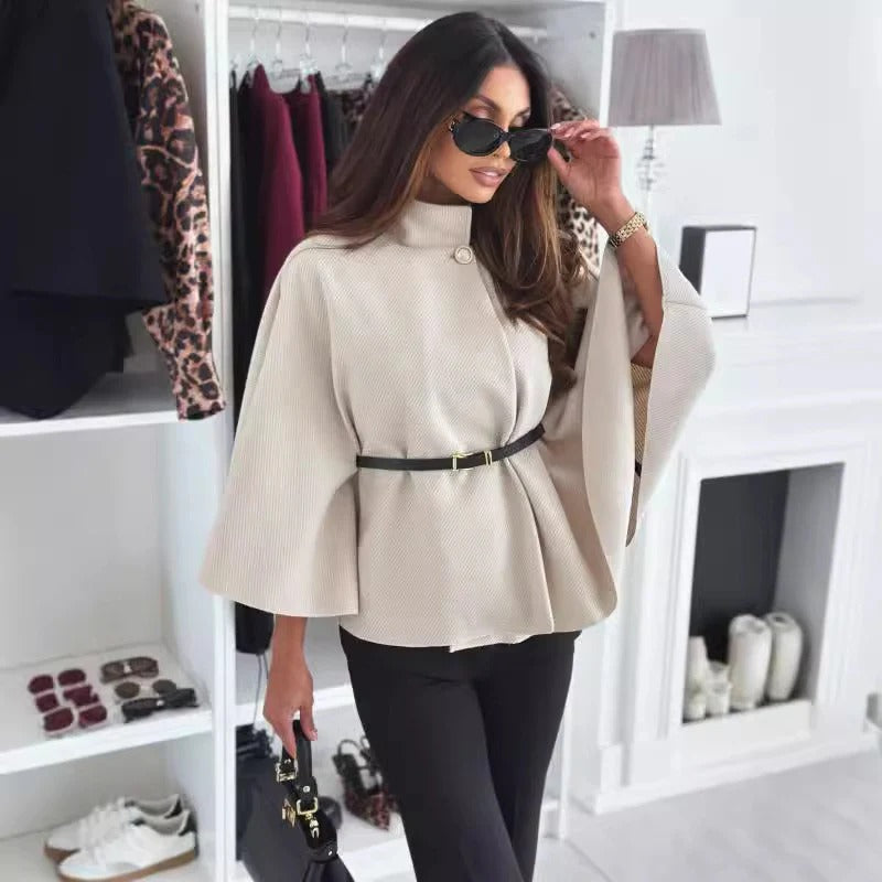 Women’s Blouse – Poncho Style – High Neck – Belted Waist – Draped Relaxed Fit