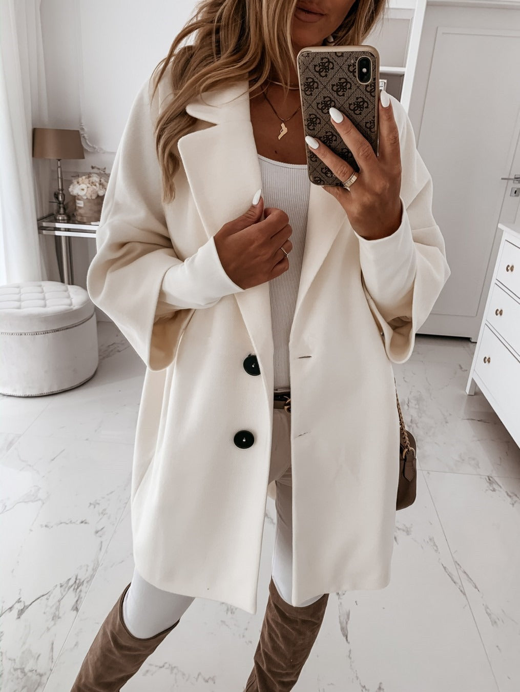 Women’s Wool Coat – Oversized Fit – Three-Quarter Sleeve – Button Front – Lapel Collar