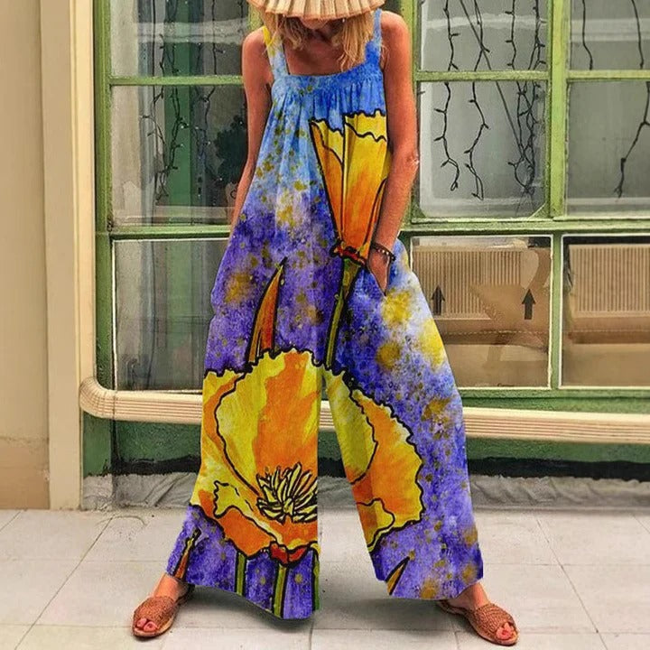 Women’s Wide-Leg Overall – Relaxed Fit – Sleeveless Artistic Print – Soft Breathable Fabric