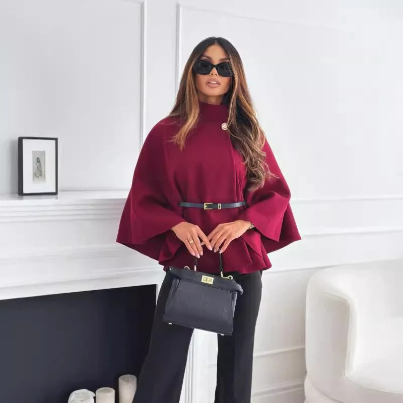 Women’s Blouse – Poncho Style – High Neck – Belted Waist – Draped Relaxed Fit