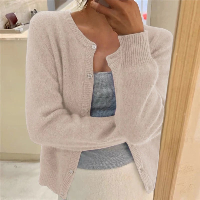Women’s Knit Cardigan – Wool Blend – Relaxed Fit – Decorative Buttons – Ribbed Trim