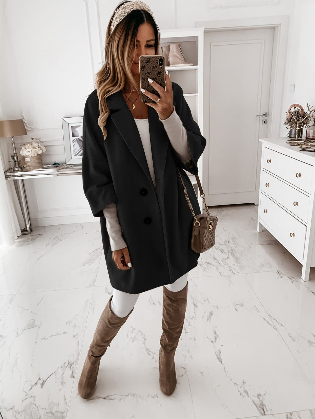 Women’s Wool Coat – Oversized Fit – Three-Quarter Sleeve – Button Front – Lapel Collar