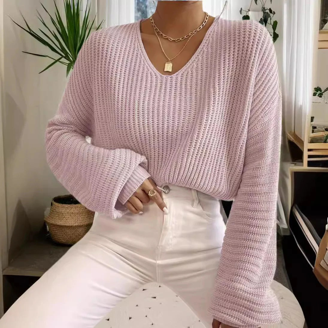 Women’s Sweater – Relaxed Fit – Ribbed Knit – Wide V-Neck – Long Sleeve Casual Wear
