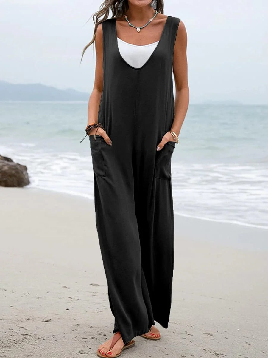Women’s Jumpsuit – Relaxed Fit – Wide Leg – Sleeveless V-Neck – Cotton Blend