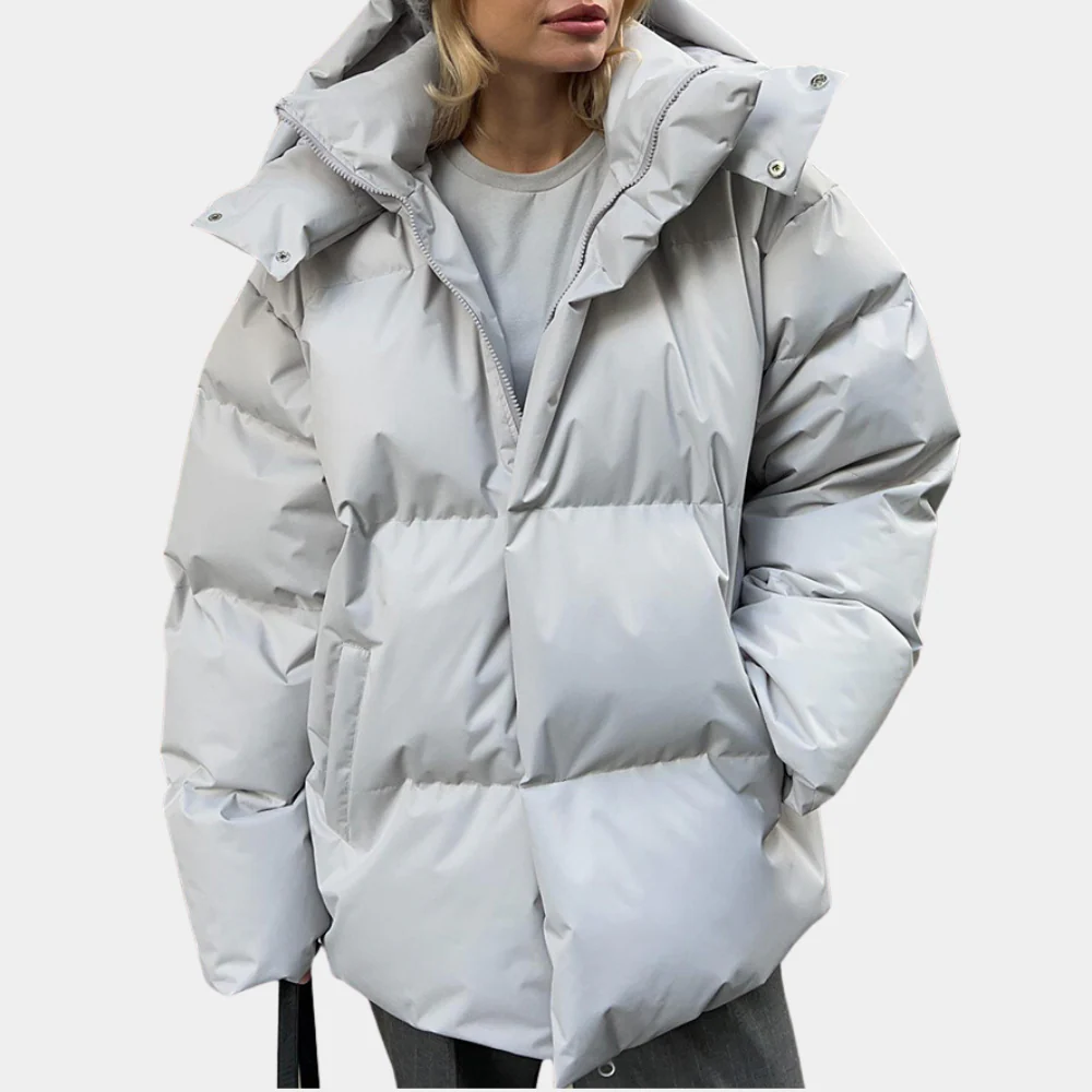 Women’s Padded Jacket – Oversized Fit – Quilted Hooded Design – Hip Length Zip Closure