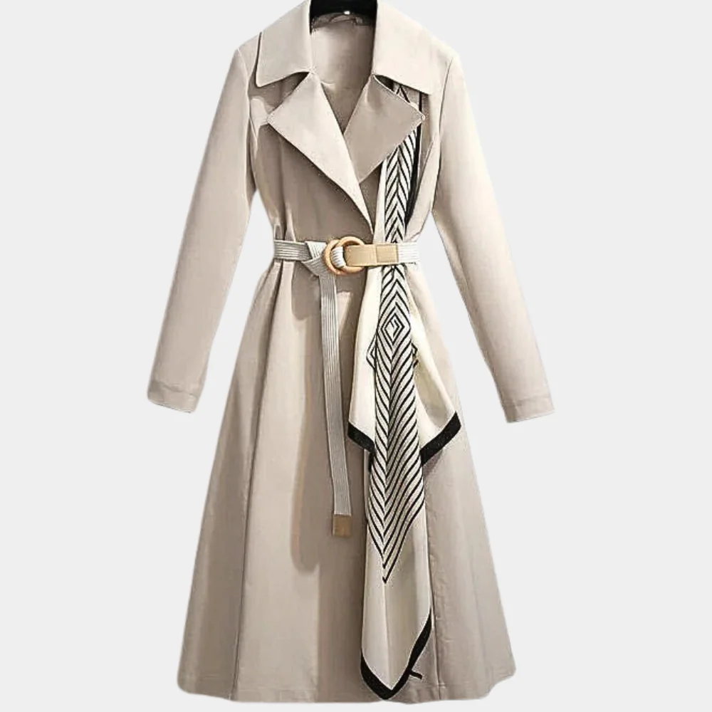 Women’s Trench Coat – Tailored Fit – Flared Hem – Belted Waist – Cotton Blend – Scarf Detail