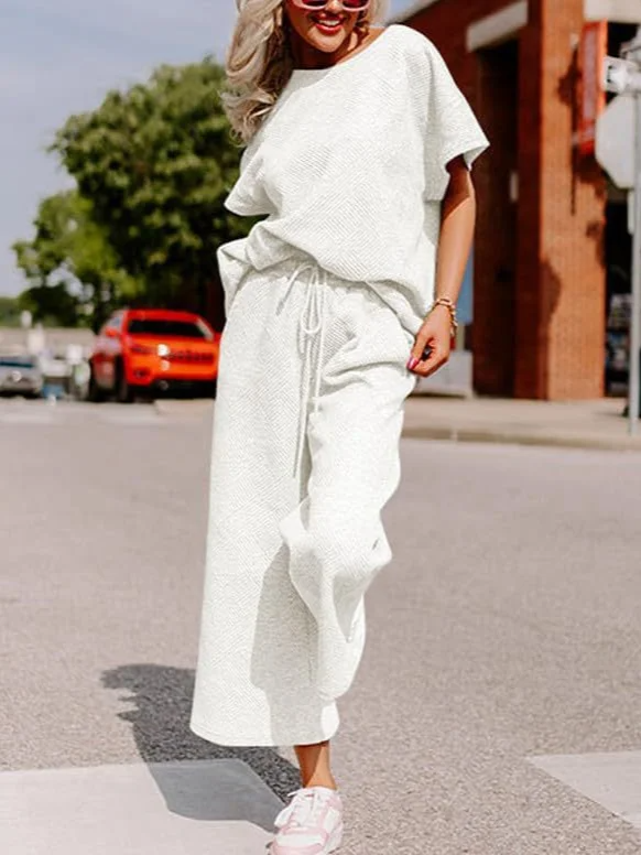 Women’s Two-Piece Set – Soft Knit – Relaxed Fit – Short Sleeve Top and Wide-Leg Pants
