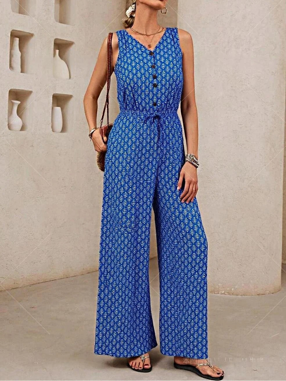 Women’s Jumpsuit – V Neck Sleeveless – Wide Leg – Drawstring Waist – Lightweight Blend