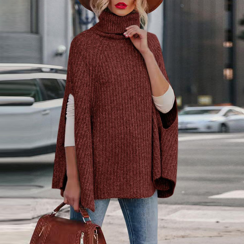 Women’s Sweater Cape – Loose Fit – High Neck – Wool Blend – Arm Slit Design