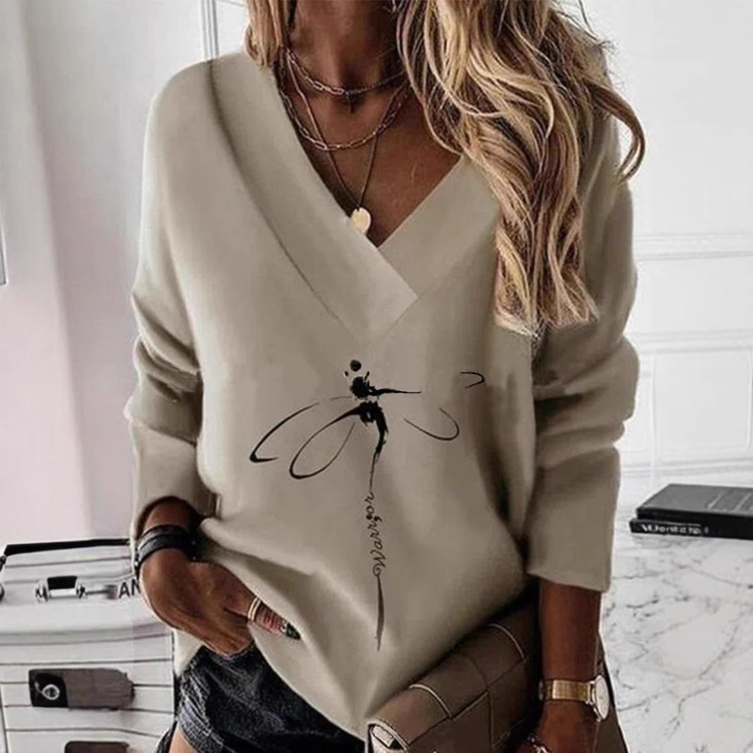 Women’s V-Neck Sweatshirt – Loose Fit – Paisley Print – Long Sleeve Cotton Knit
