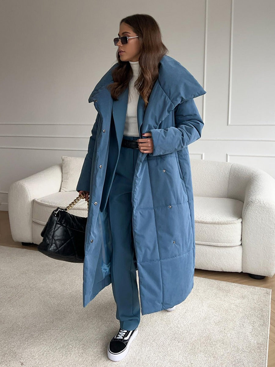 Women’s Long Puffer Jacket – Quilted Oversized Fit – Stand Collar – Snap Closure